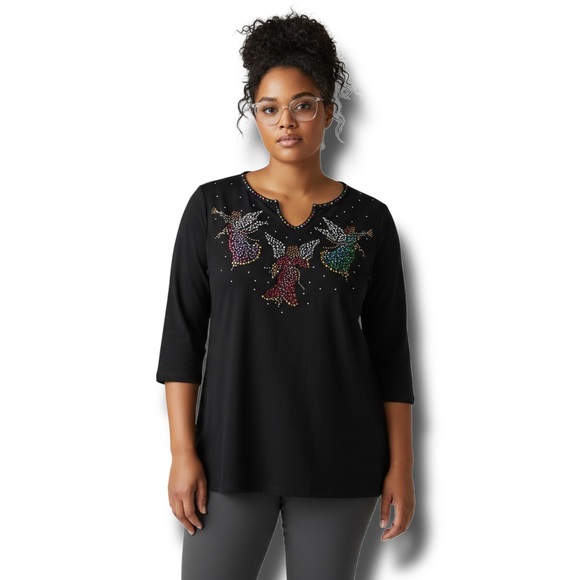 Quacker Factory Womens Angel Studded 3/4 Sleeve Top Cotton Holiday Shirt Blck 2X - Picture 1 of 10